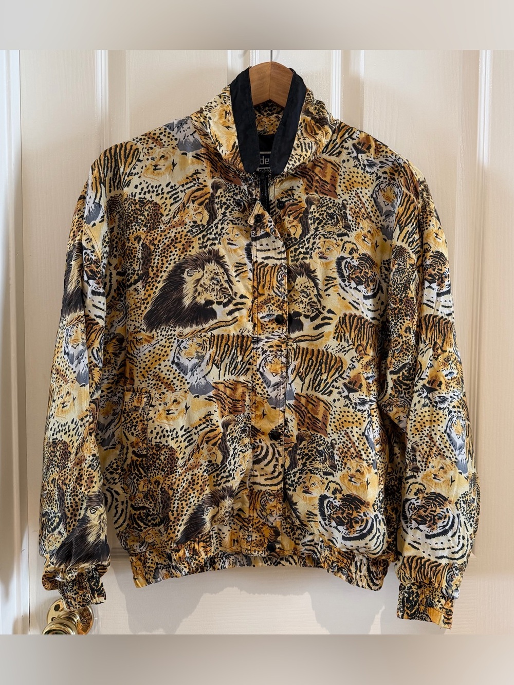 Vintage printed silk funnel neck bomber jacket with big cat graphics